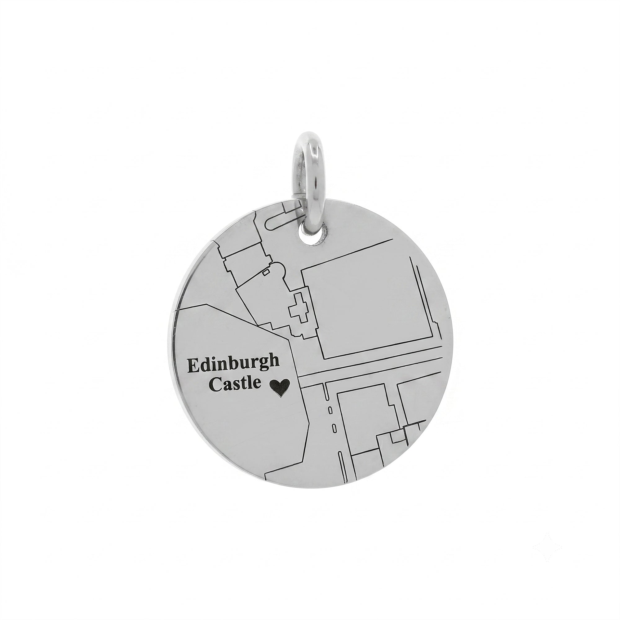 Silver pendant with map design and 'Edinburgh Castle' engraving on a white background