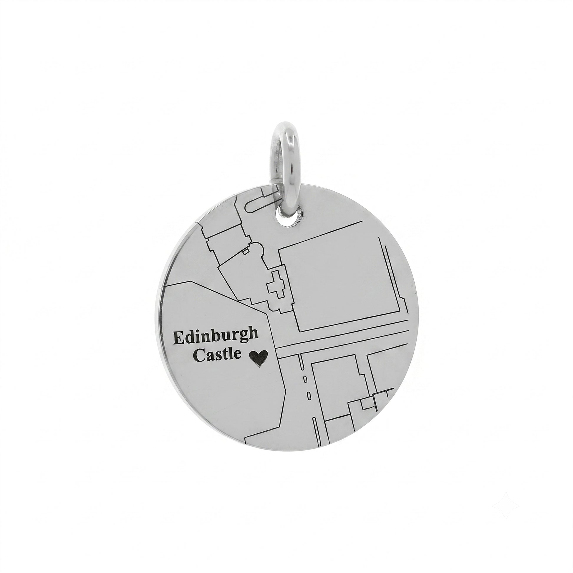 Silver pendant with map design and 'Edinburgh Castle' engraving on a white background