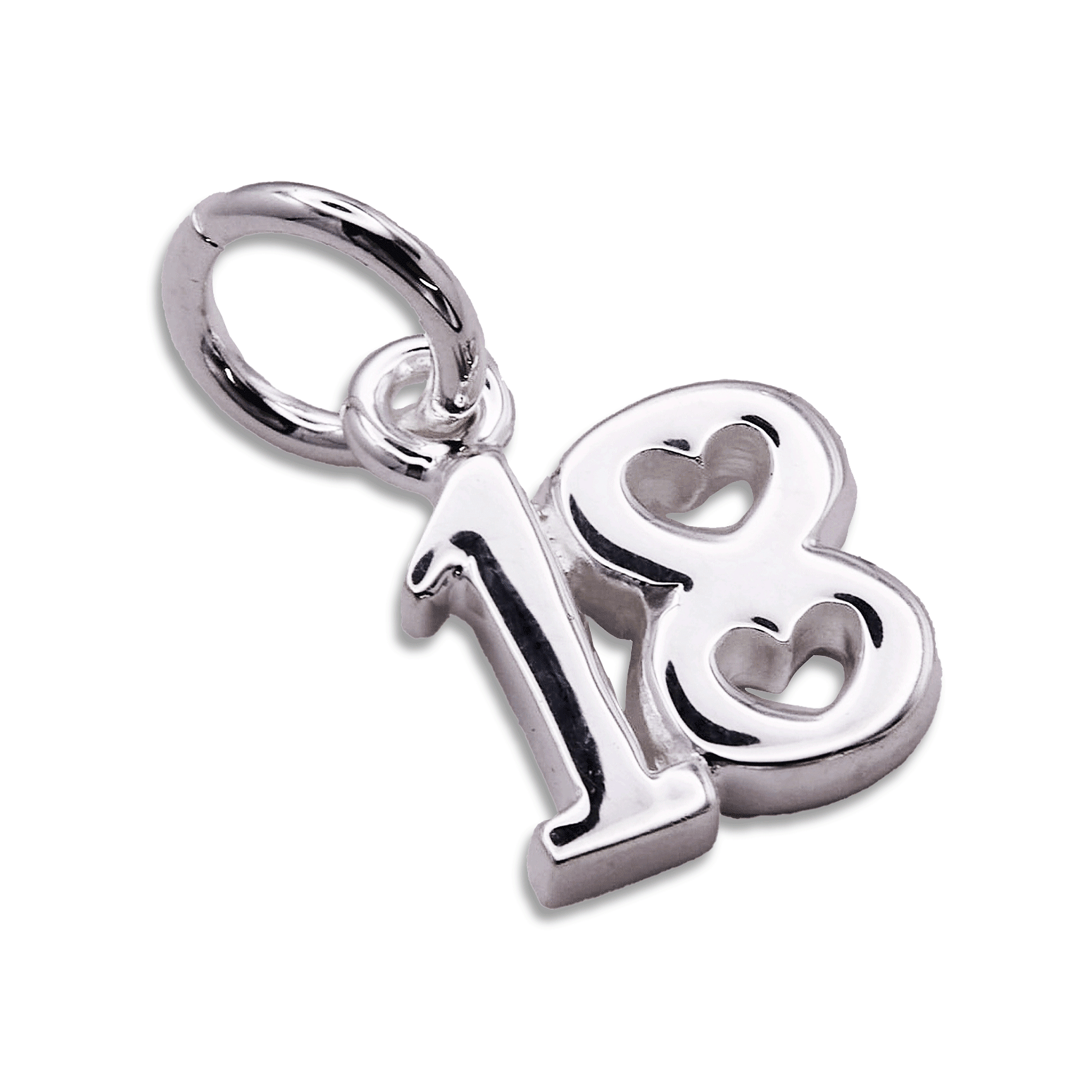Silver '18' charm with hearts on a white background