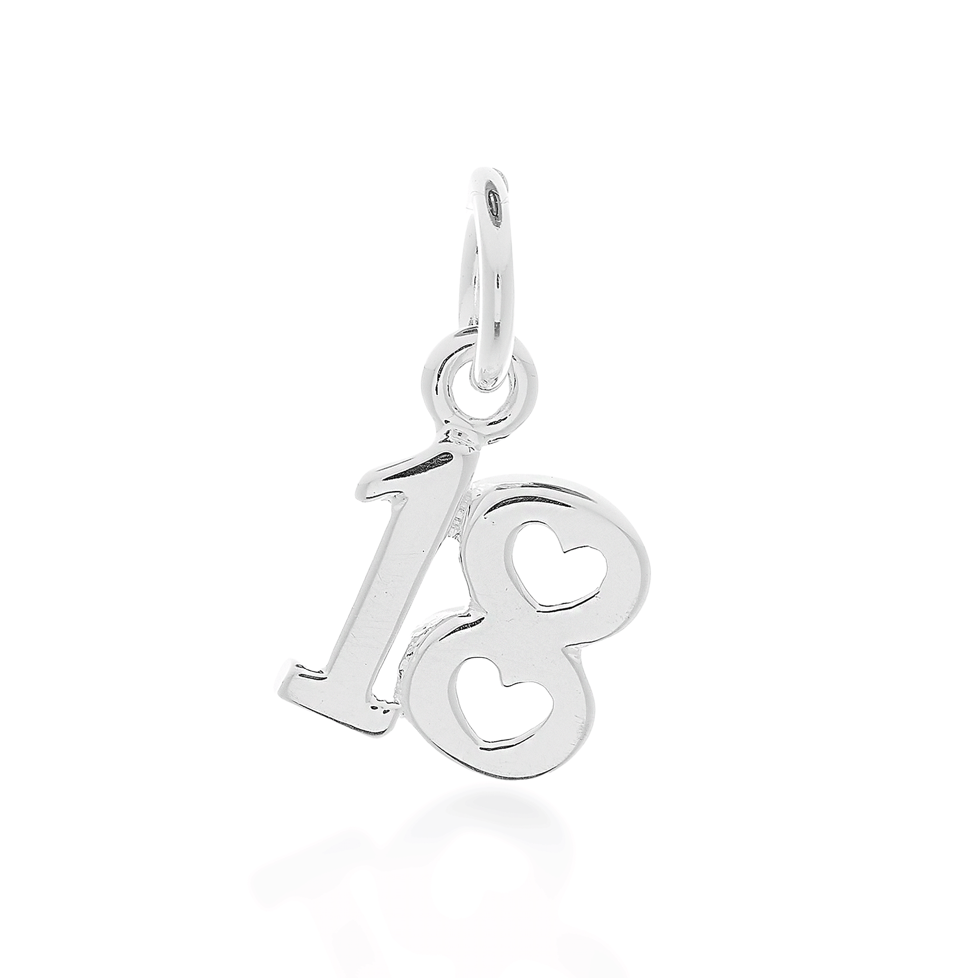 Silver '18' charm with heart cutouts on a white background