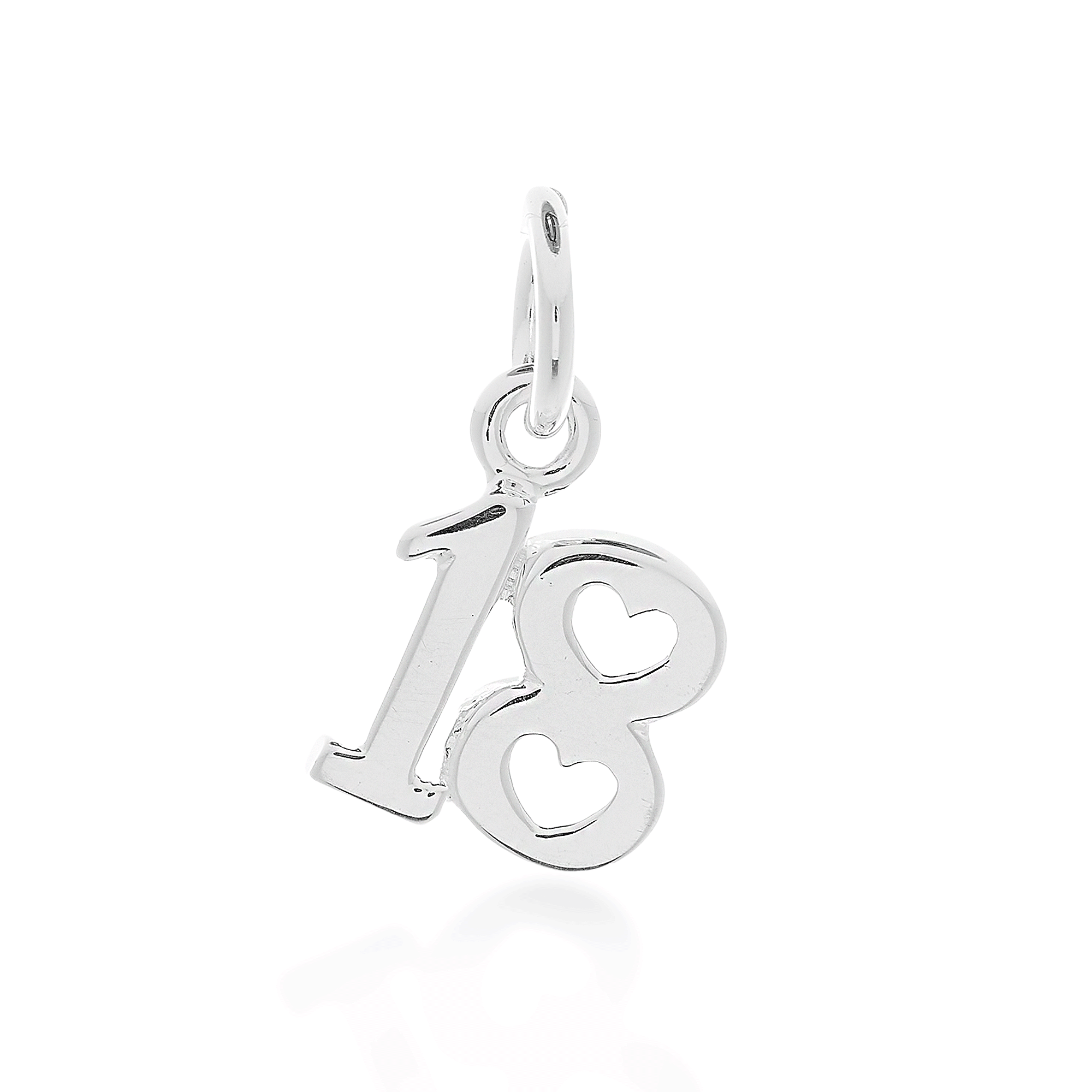 Silver '18' charm with heart cutouts on a white background