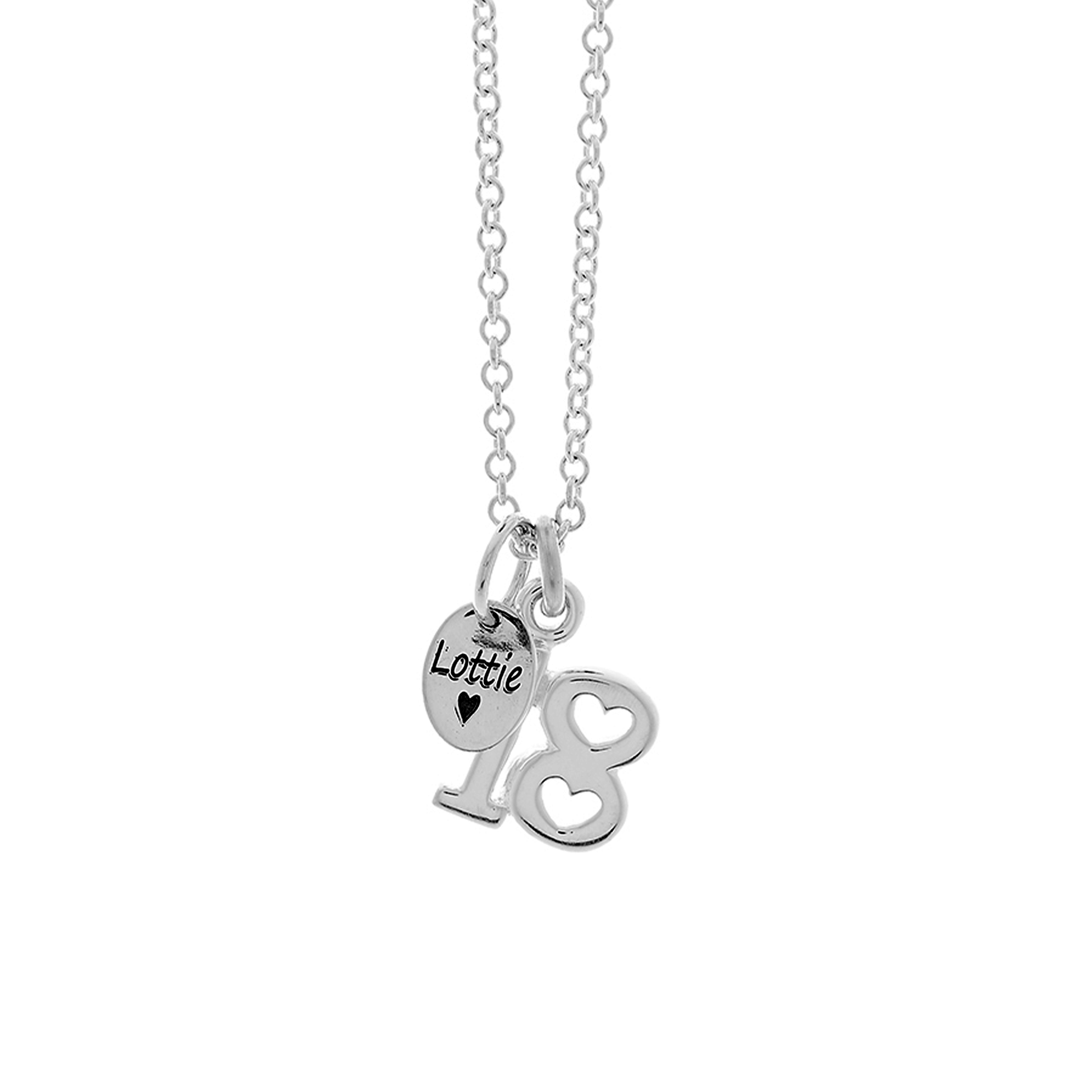 silver 18th birthday necklace with lottie engraved name tag
