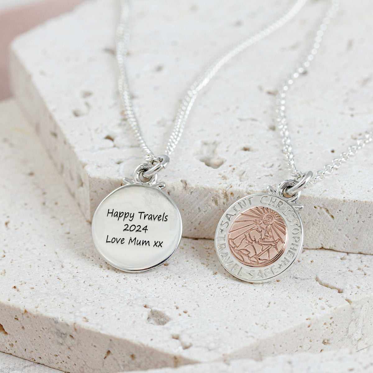 silver and rose gold personalised saint christopher necklace