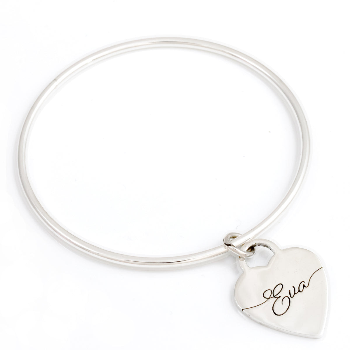 2.5mm bangle with script name on large tiffany style heart tag