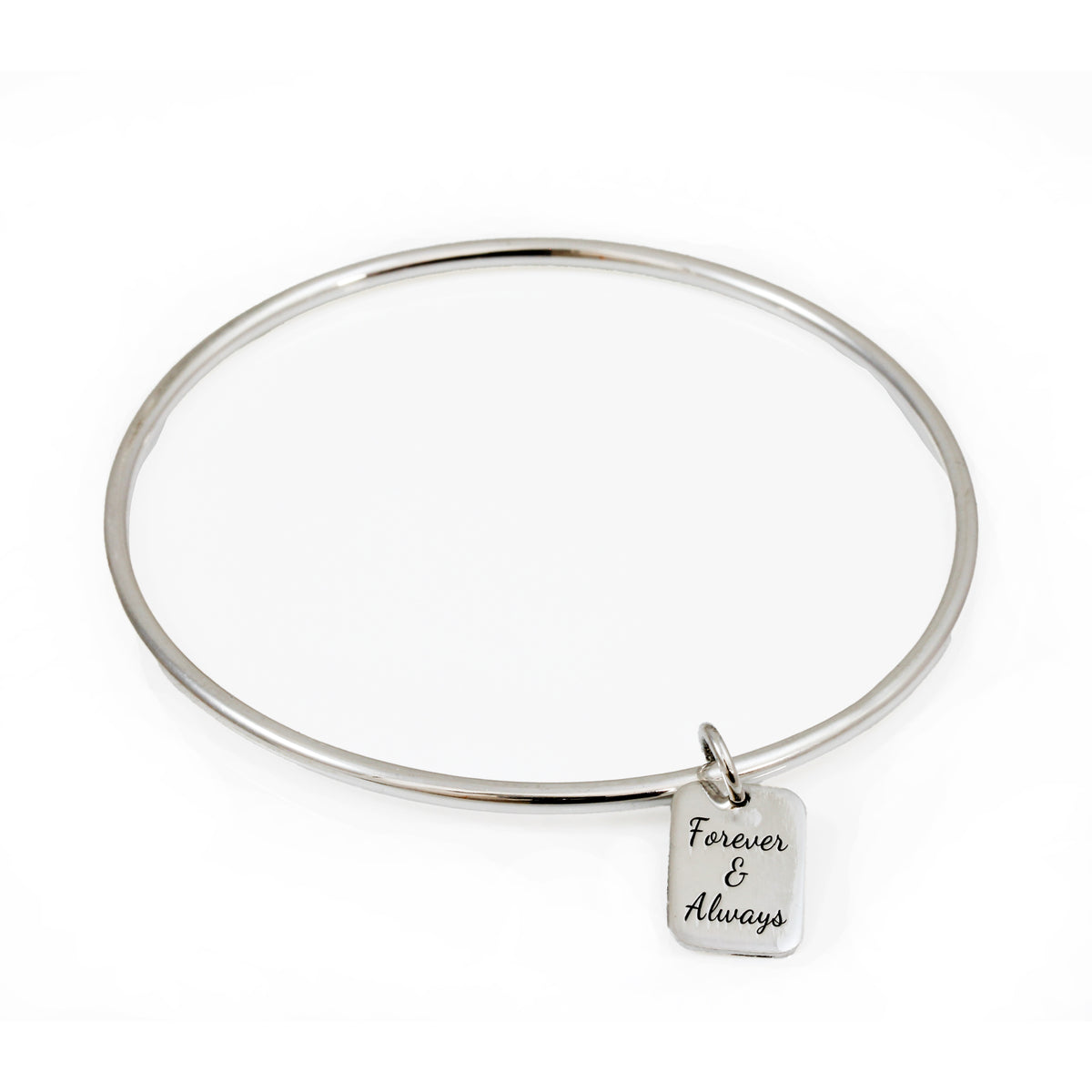 silver bangle with personalised tag charm