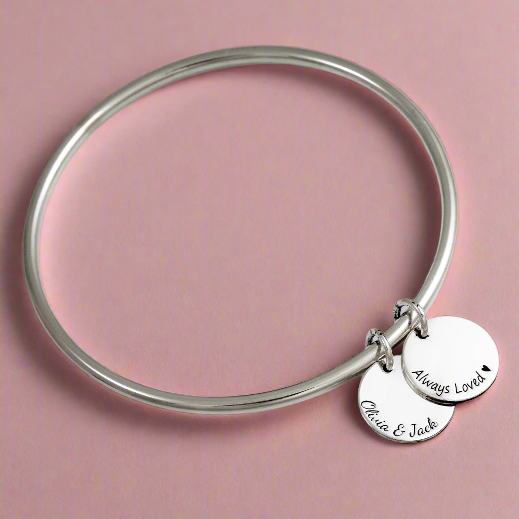 silver bangles with personalised discs