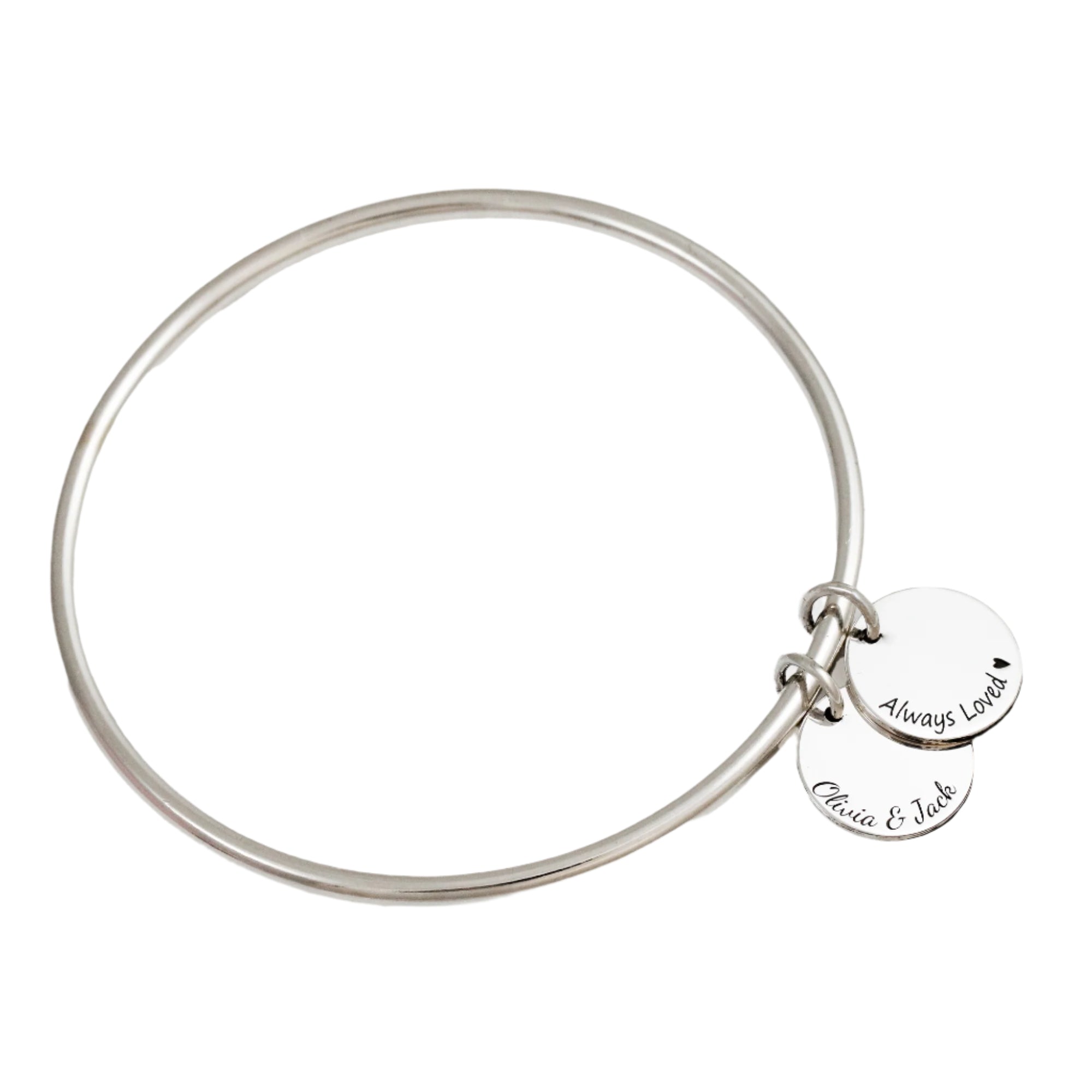 silver multi disc charm bangle with names engraved