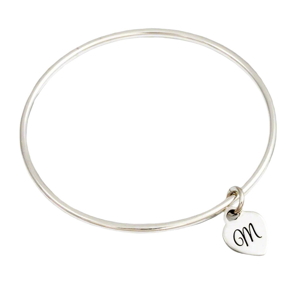 2.5mm bangle with engraved initial on tiny heart tag