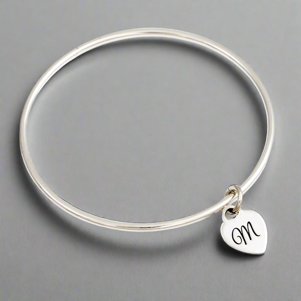silver heart tag initial bangle