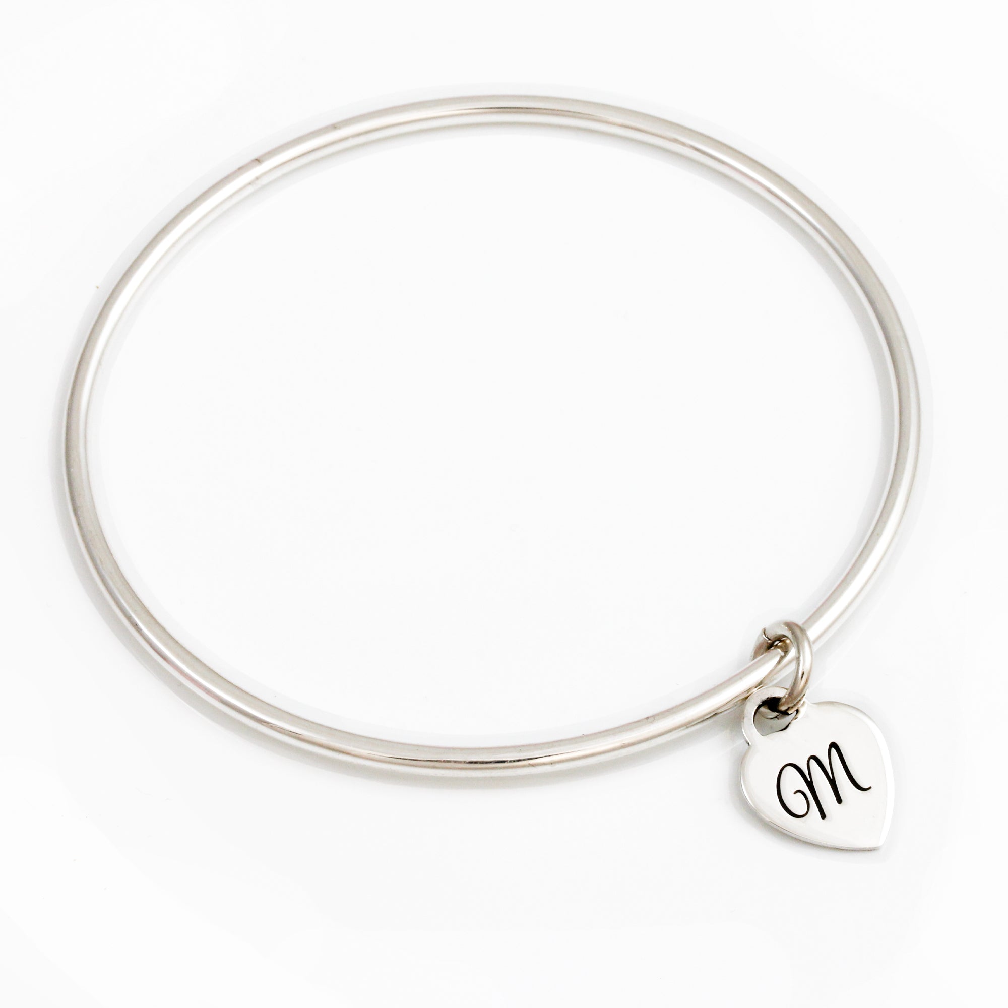 2.5mm bangle with engraved initial on tiny heart tag