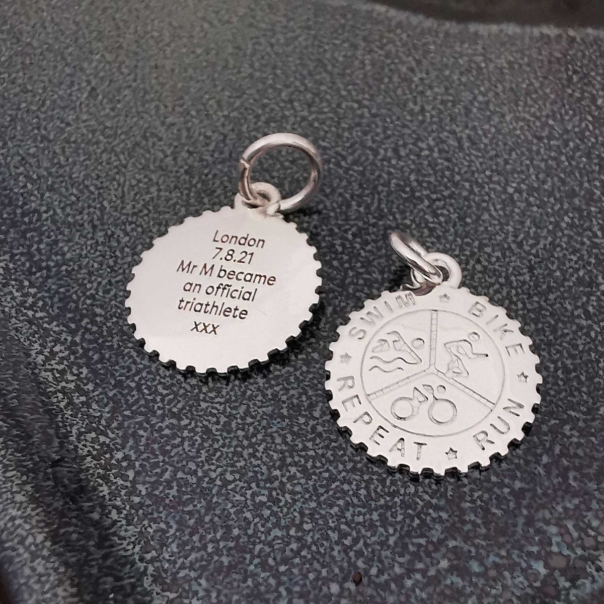 silver swim bike run triathlon charm