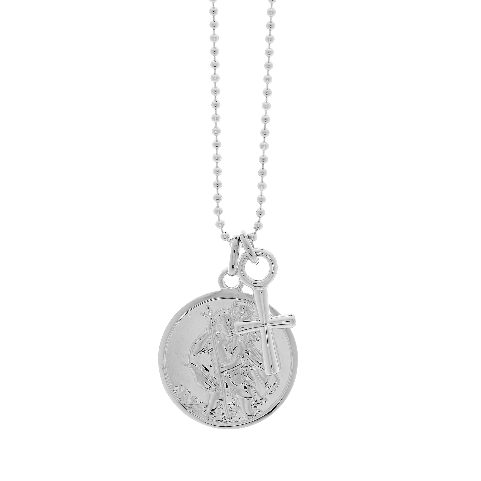 Silver St Christopher necklace with a round pendant with a cross on a white background