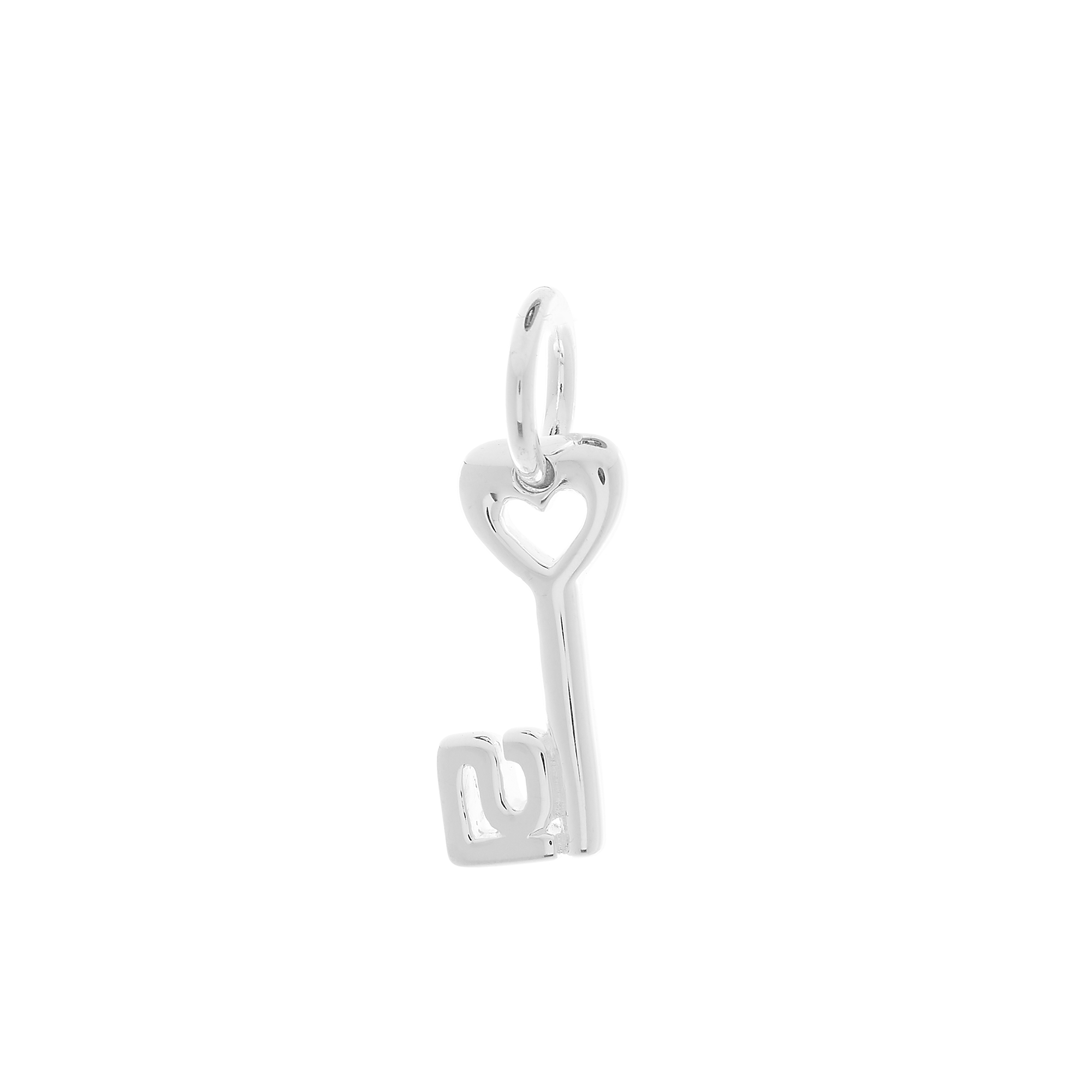 Silver key-shaped 21st birthday charm pendant with a heart design on a white background