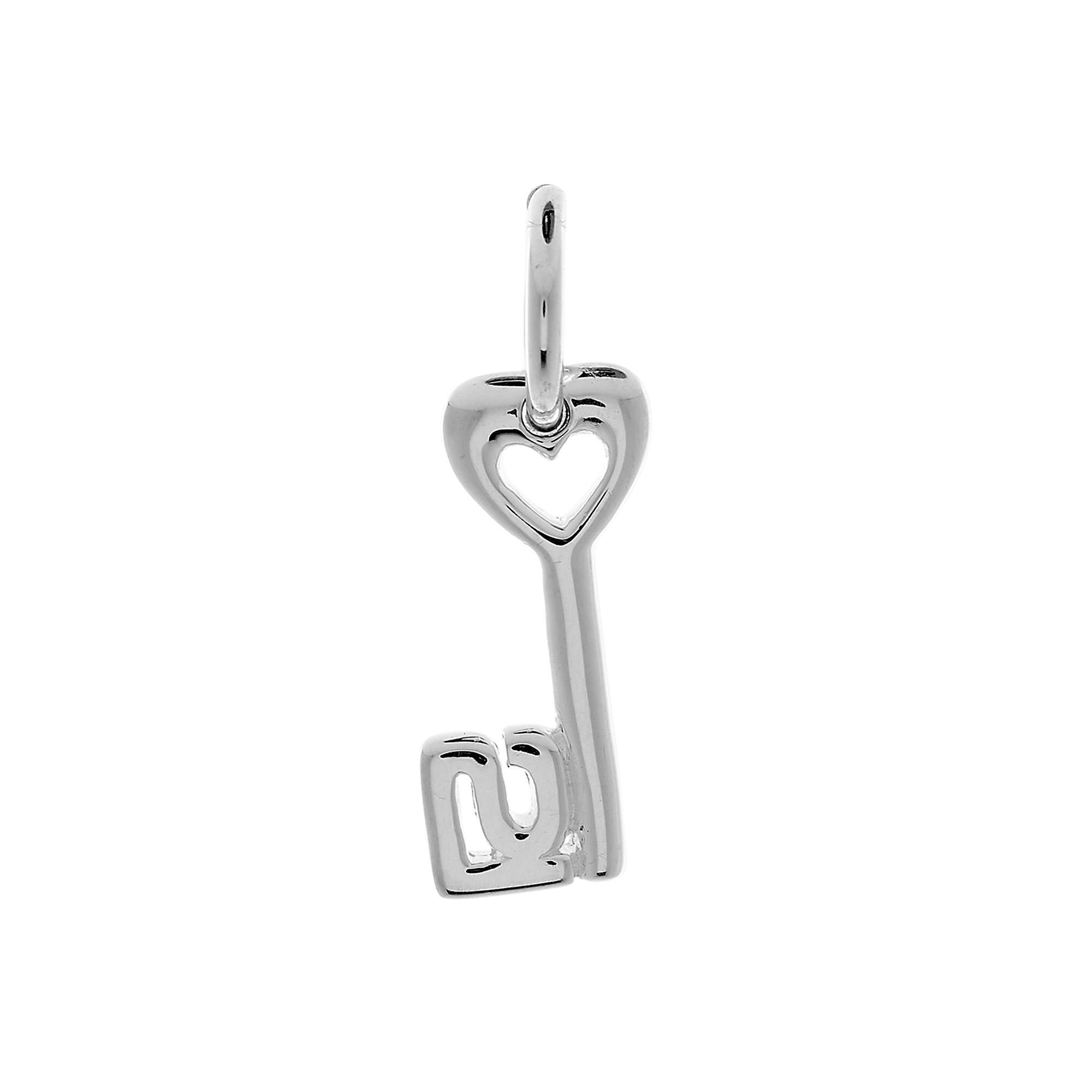 Silver key-shaped 21st birthday charm pendant with a heart design on a white background