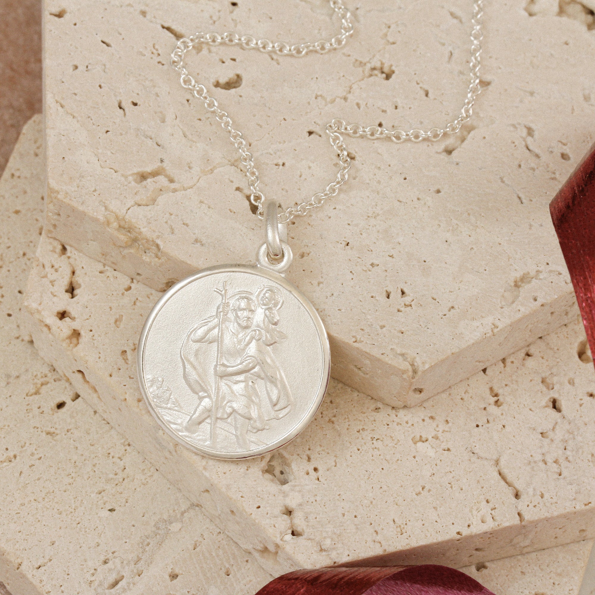 large 24mm wide silver classic saint christopher necklace on heavier curb chain
