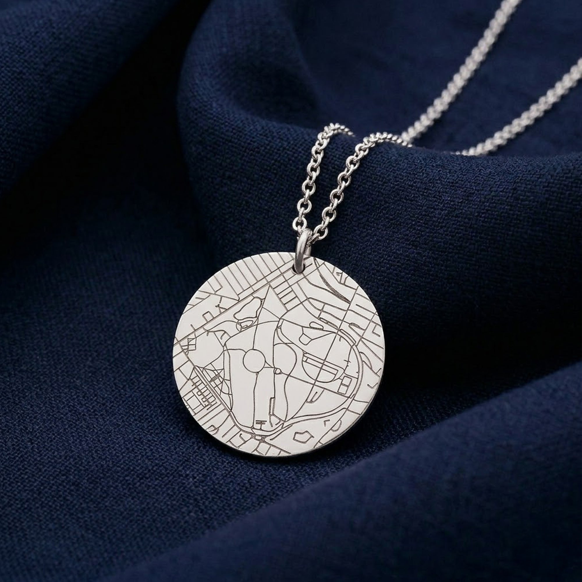 street map design silver necklace on navy fabric