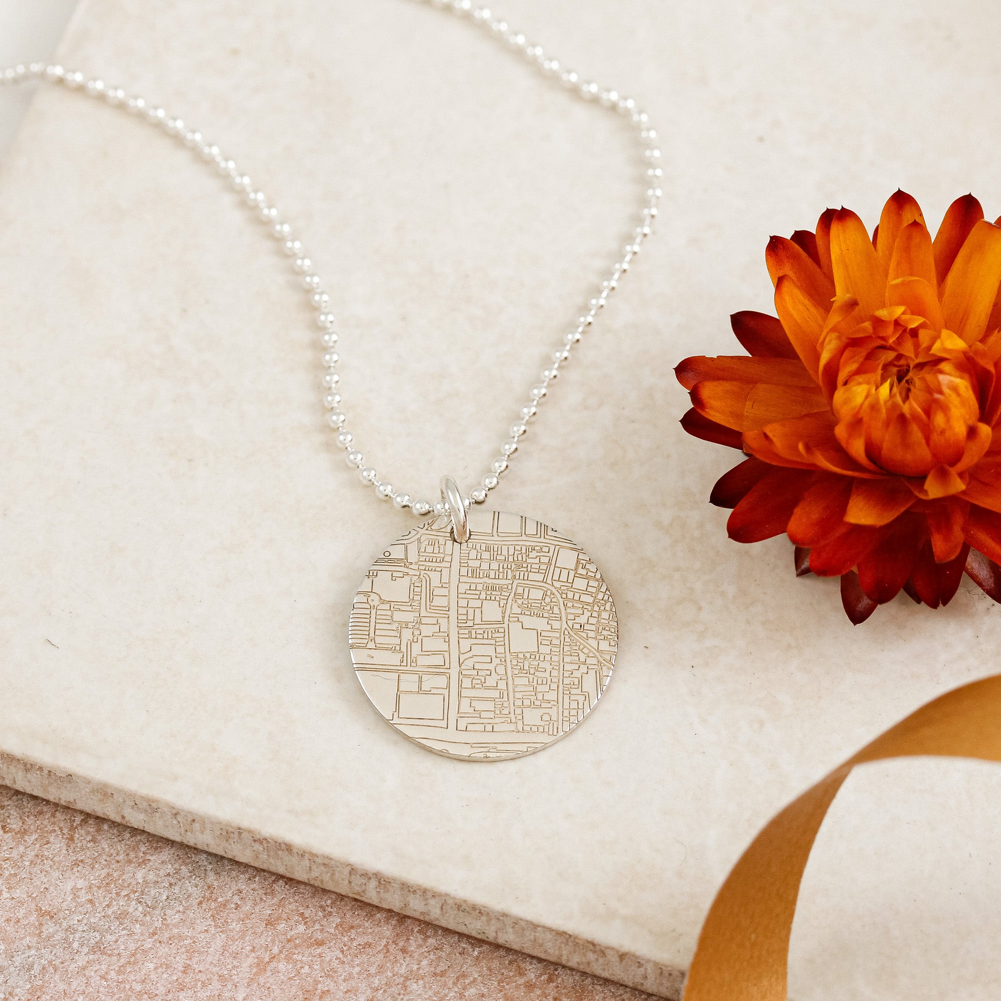 polished 25mm silver street map necklace on ball chain