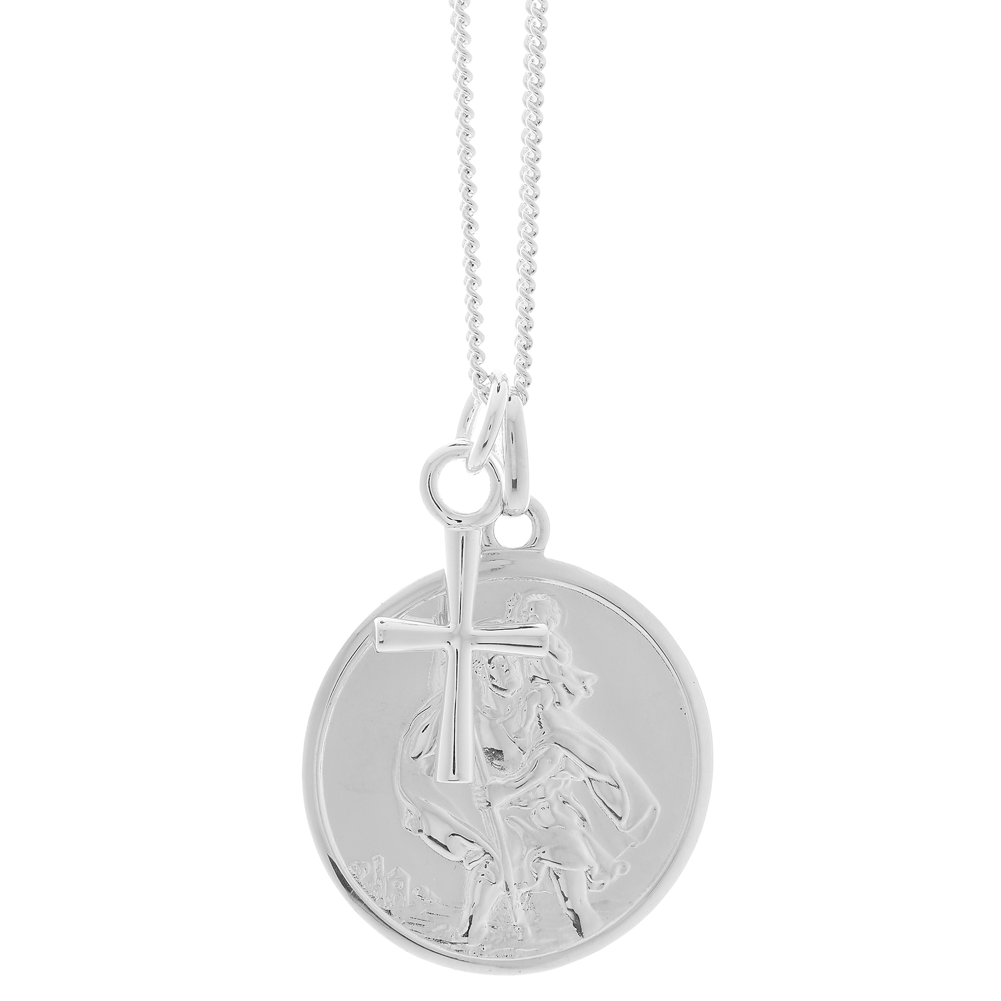 Silver necklace with a pendant featuring a religious St Christopher design & cross on a white background