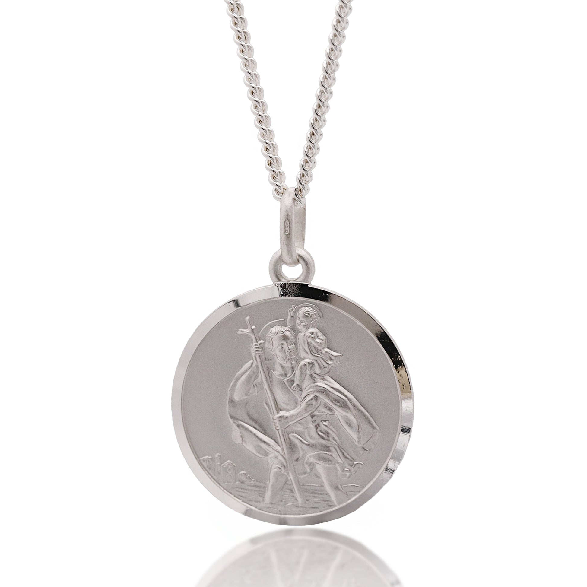 Silver pendant necklace with a religious design on a white background