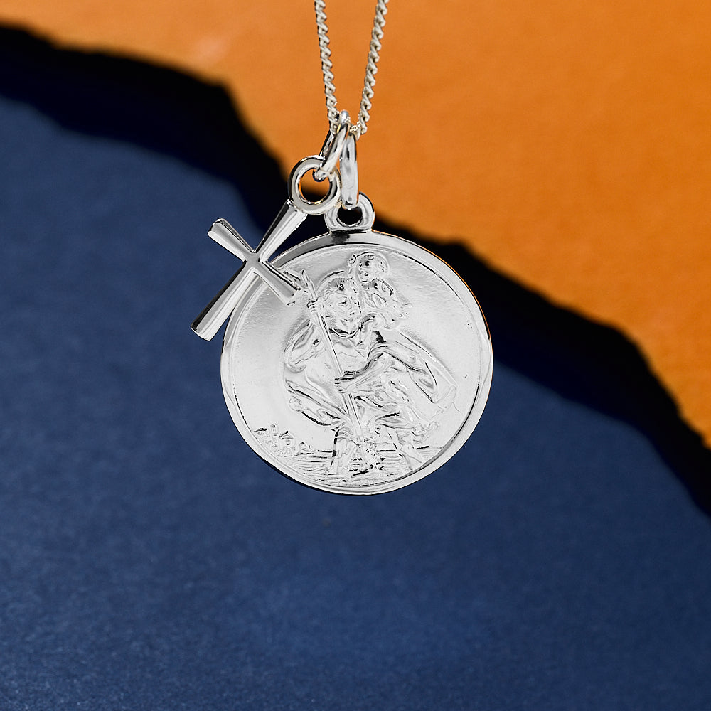 silver large saint christopher with cross necklace