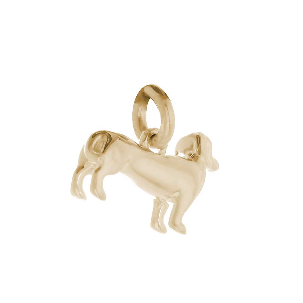 Solid 9ct gold Dachshund charm with tiny bandana, perfect for charm bracelets or necklaces.