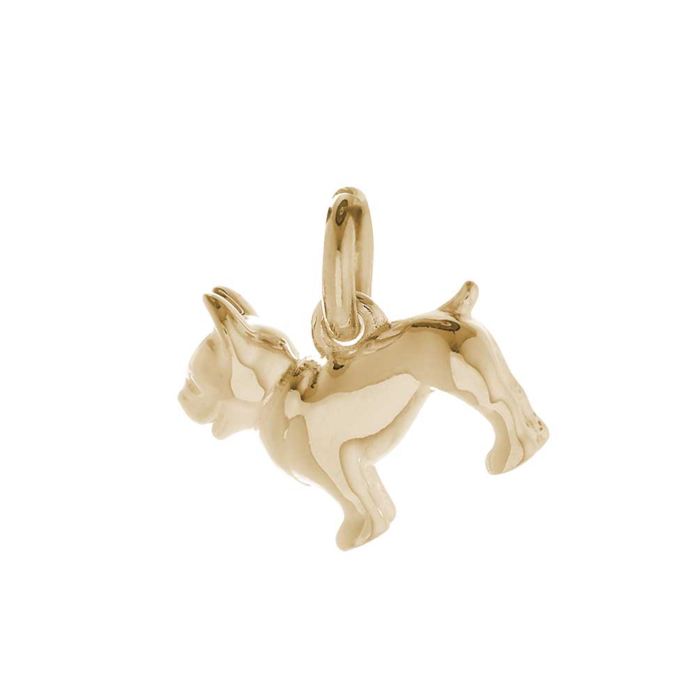 Solid 9ct gold French Bulldog charm with tiny bandana, perfect for a charm bracelet or necklace.