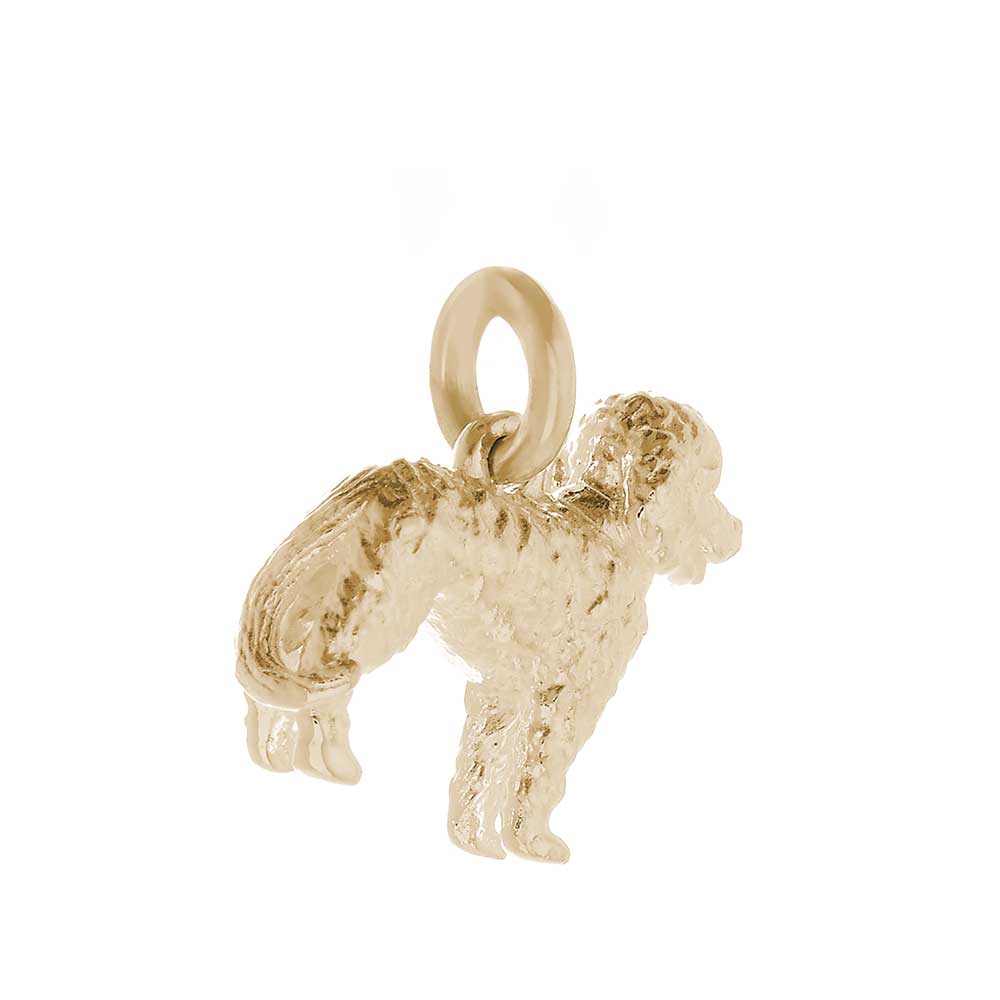 Solid 9ct gold Labradoodle charm with tiny bandana, perfect for a charm bracelet or necklace.