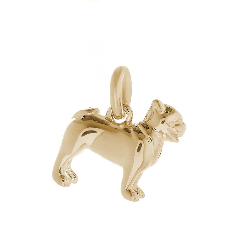 Solid 9ct gold Pug charm with tiny bandana (optional), perfect for a charm bracelet or necklace.