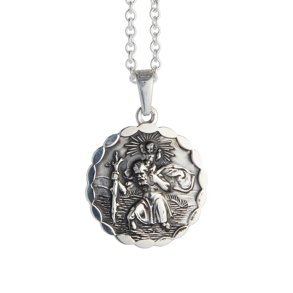 Saint Christopher Ellipse Border Pendant - Silver St Christopher Mens Necklace