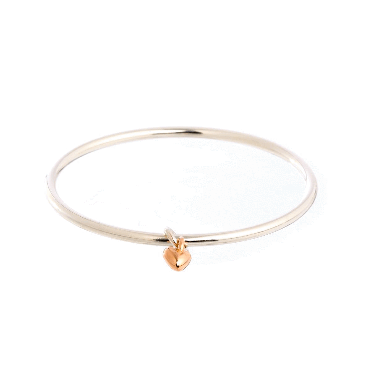 solid silver bangle with recycled rose gold heart charm made in the UK Scarlett Jewellery