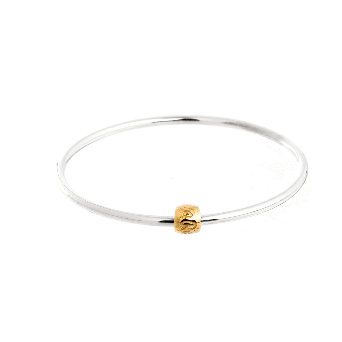 silver and recycled gold worry bead que sera bangle bracelet