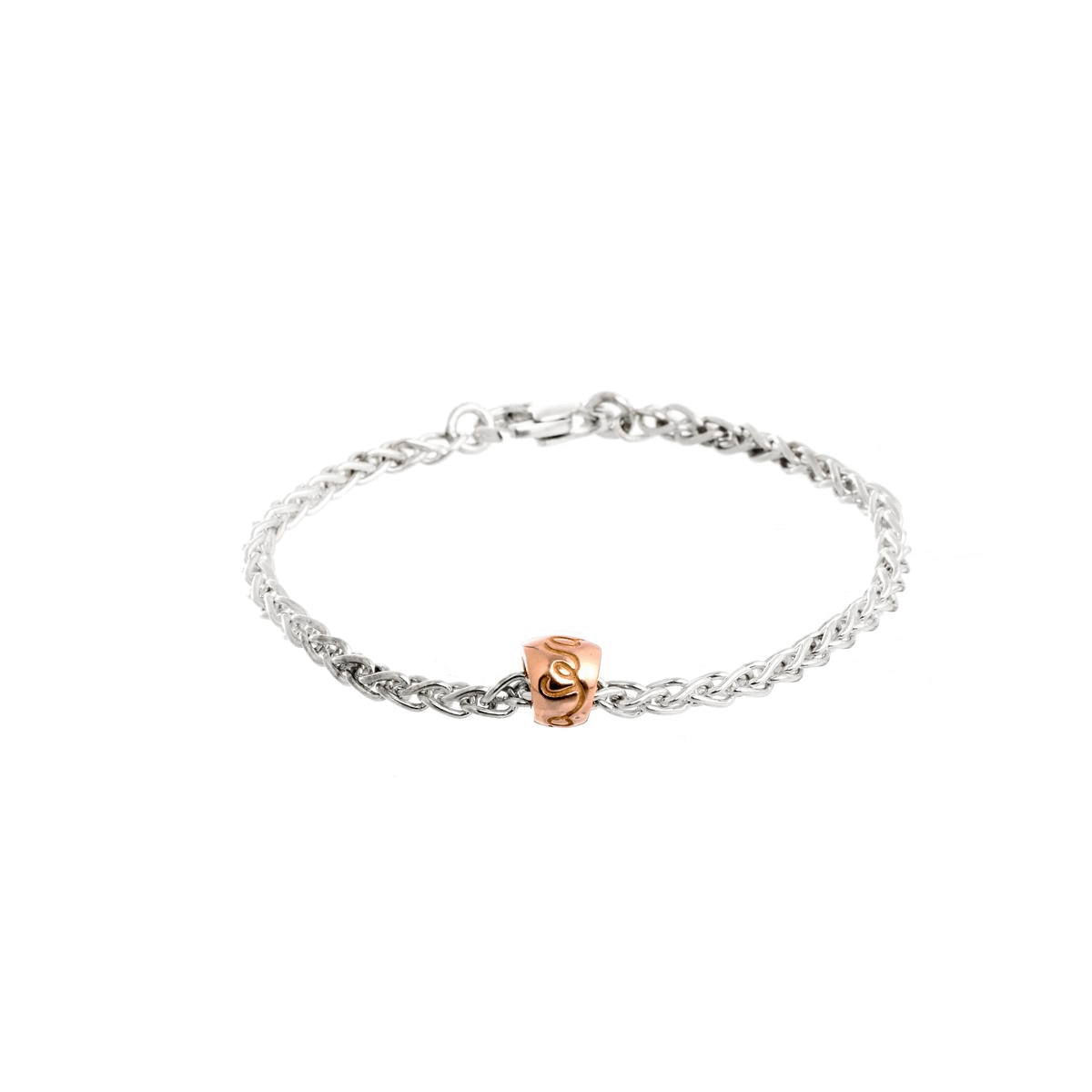 silver and solid rose gold que sera worry bead bracelet