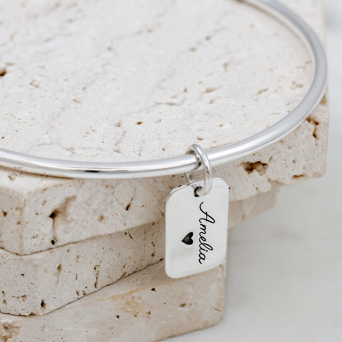 silver personalised name tag bangle