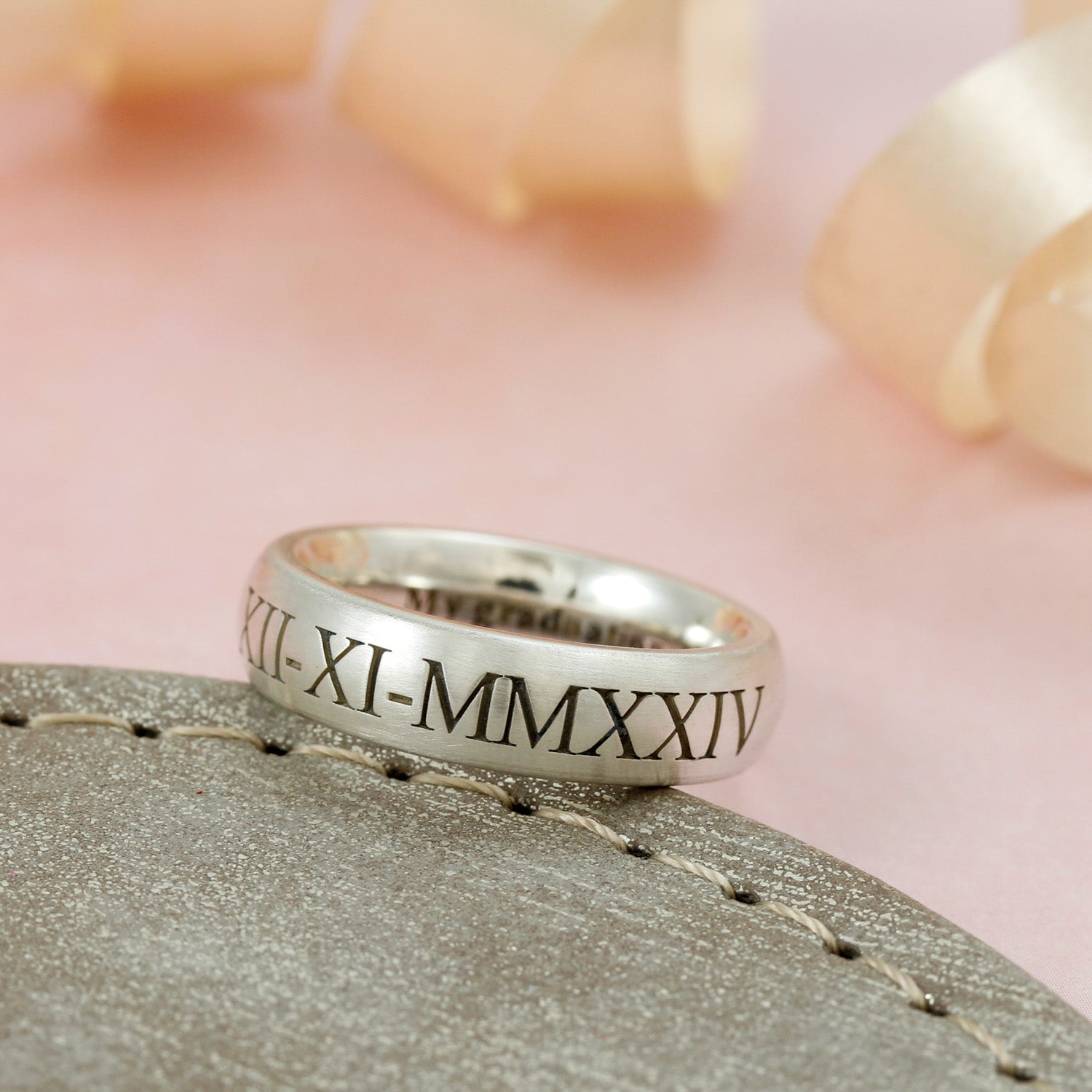 solid silver mens roman numerals silver ring engraved custom date birthday wedding day