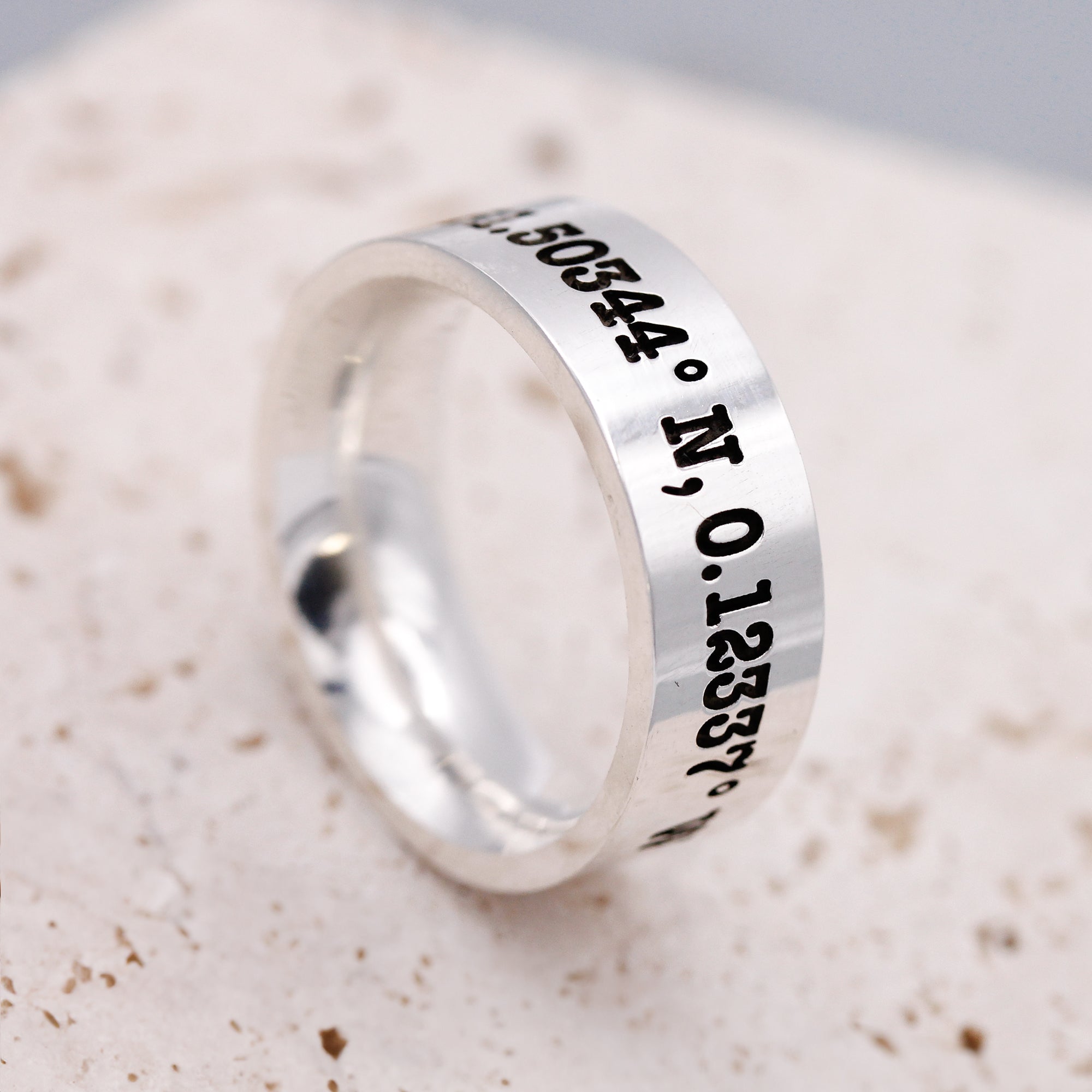 custom location latitude longitude wide mens silver ring