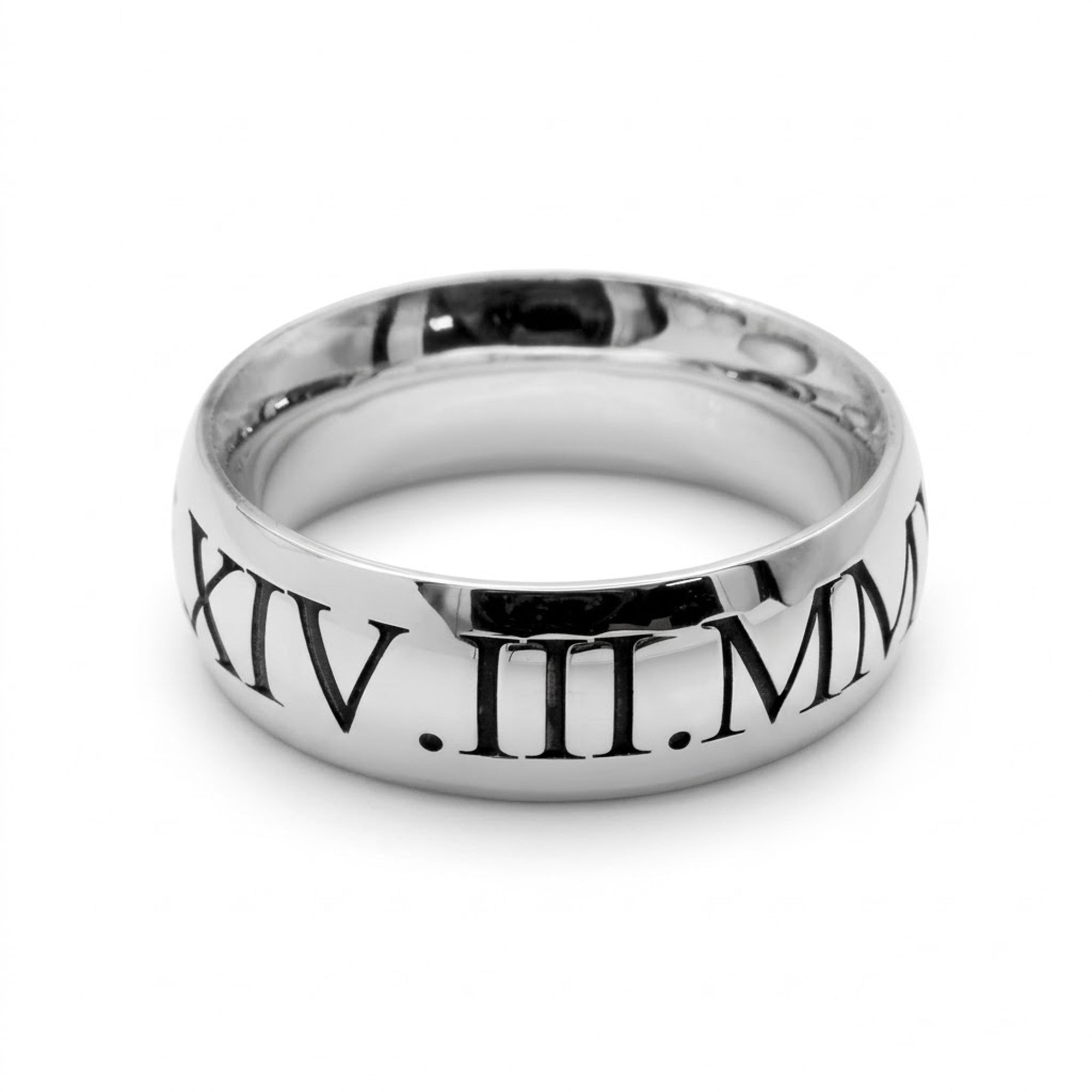 Silver ring with Roman numerals on a white background