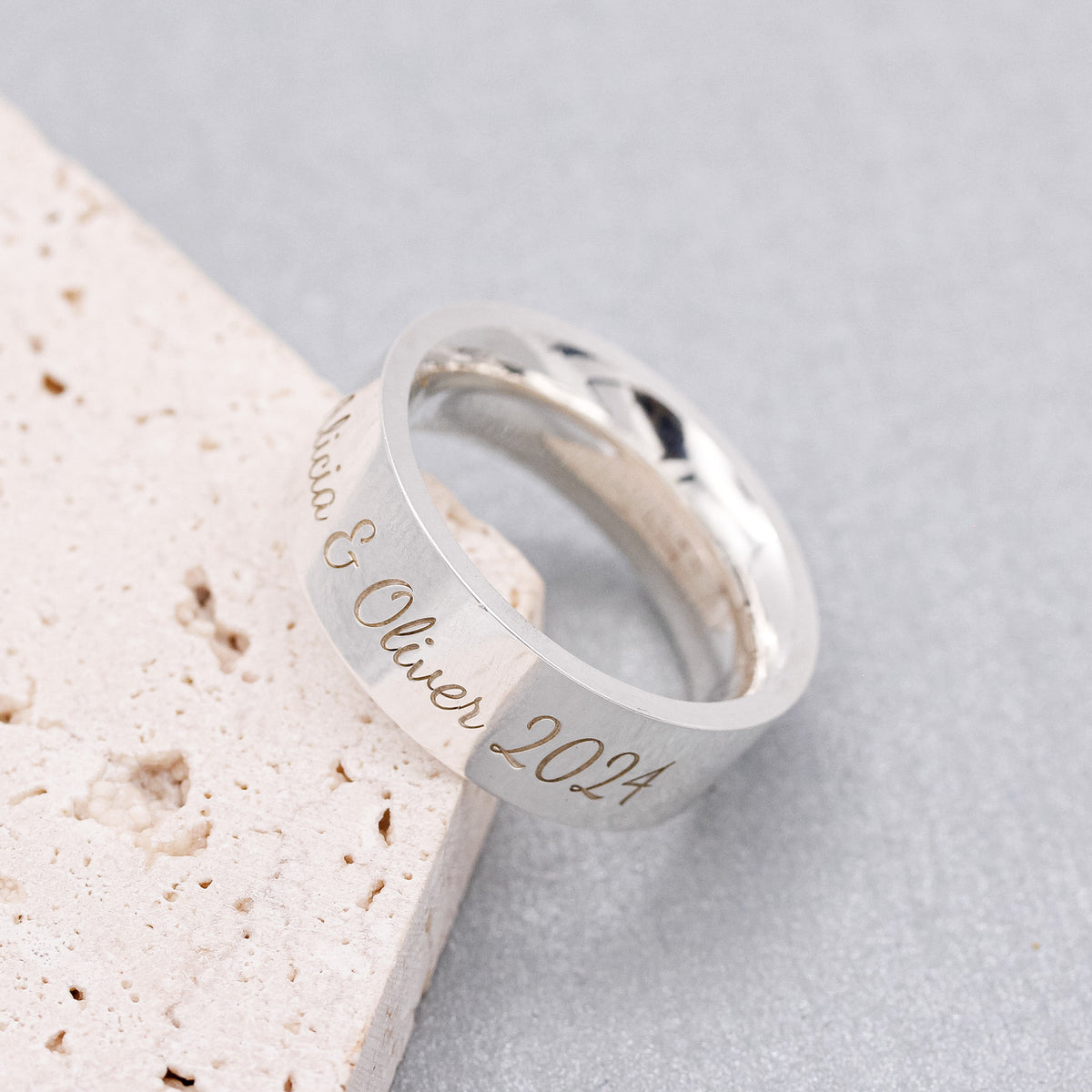 personalised wide mens silver ring engraved with message in script font