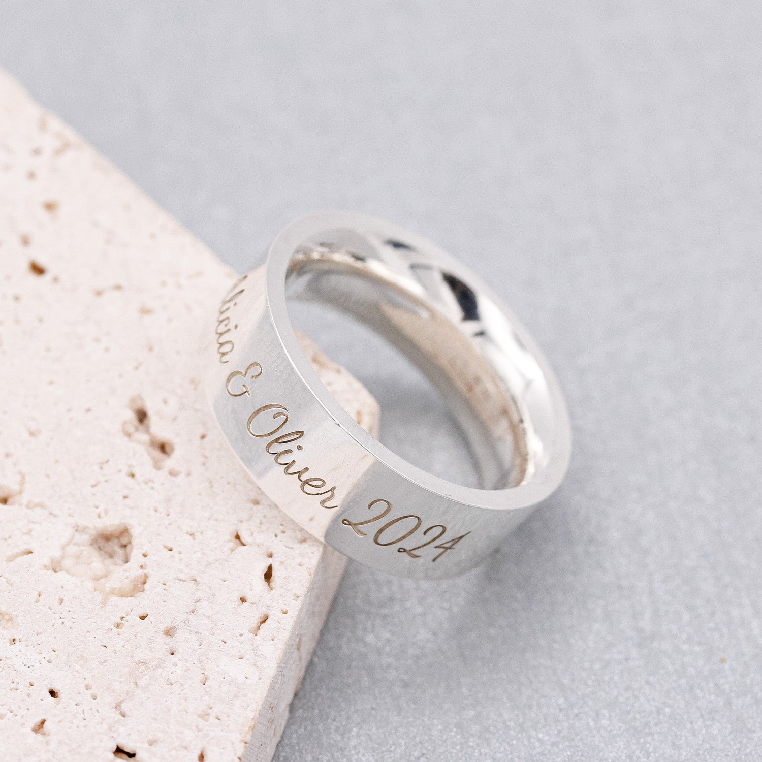 large personalised silver ring band 8mm wide comfort court inside 