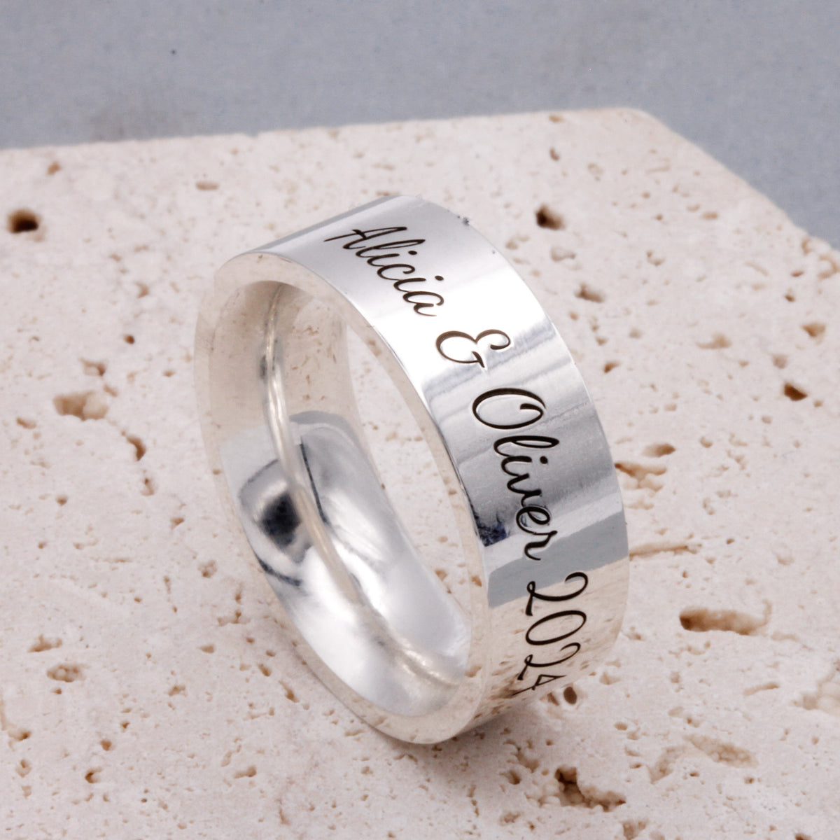 personalised wide mens silver ring engraved with message in script font