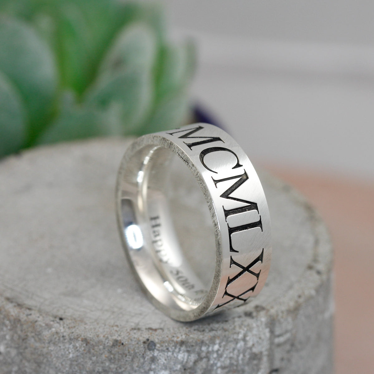 roman numerals birth date engraved 8mm wide mens flat ring