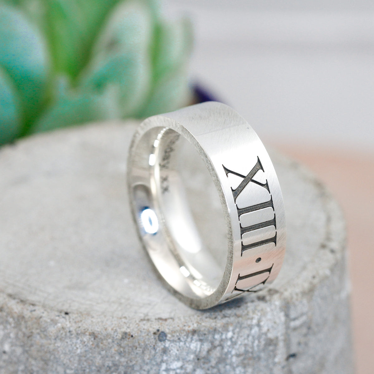 roman numerals birth date engraved 8mm wide mens flat ring