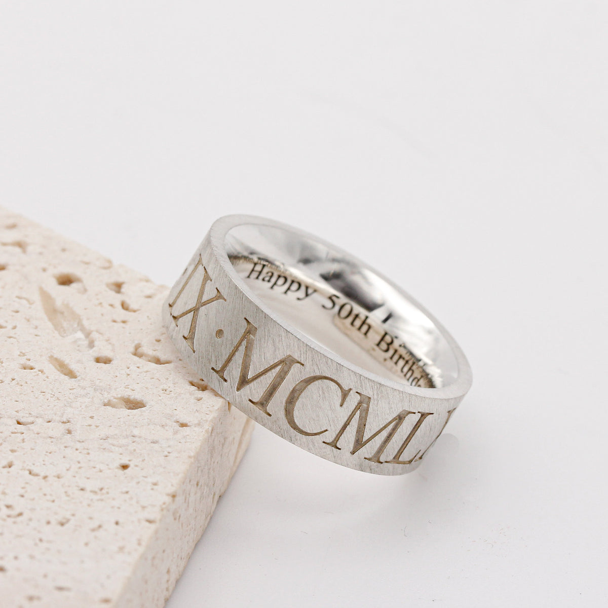 flat matte finish roman numerals silver ring 50th  birthday gift for men