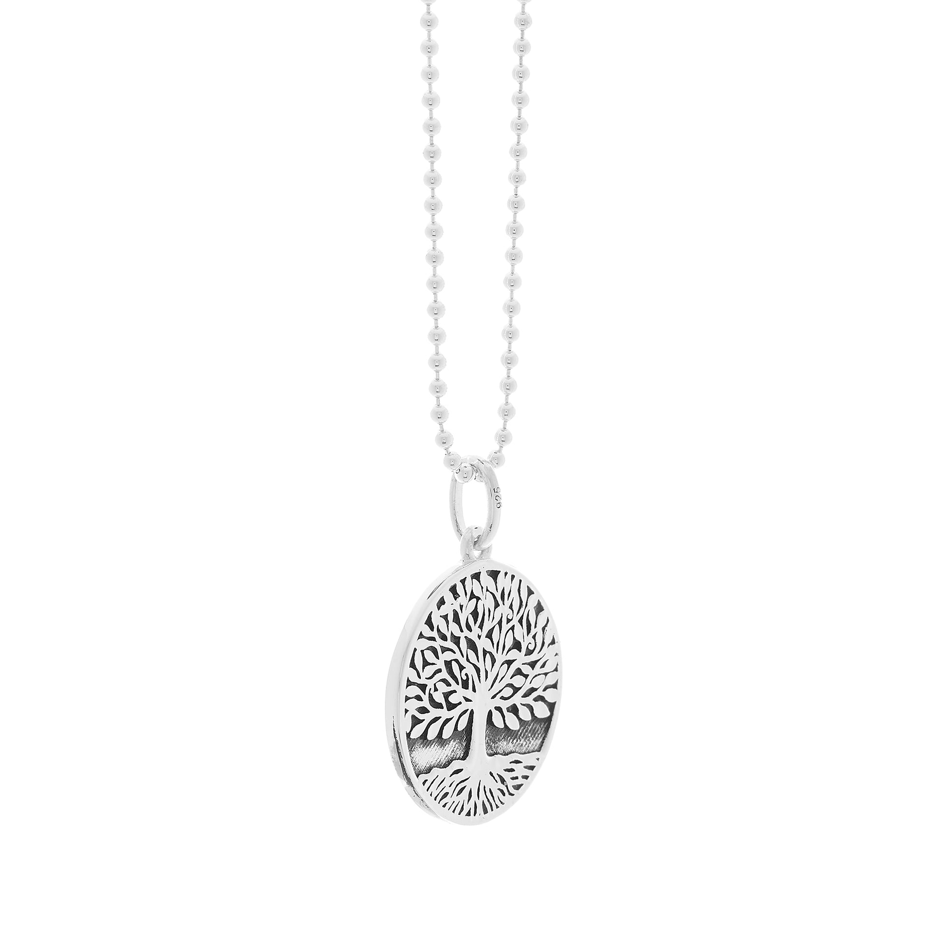 Silver tree of life oxidised pendant Arbor Vitae by Off The Map jewellery side view ball chain