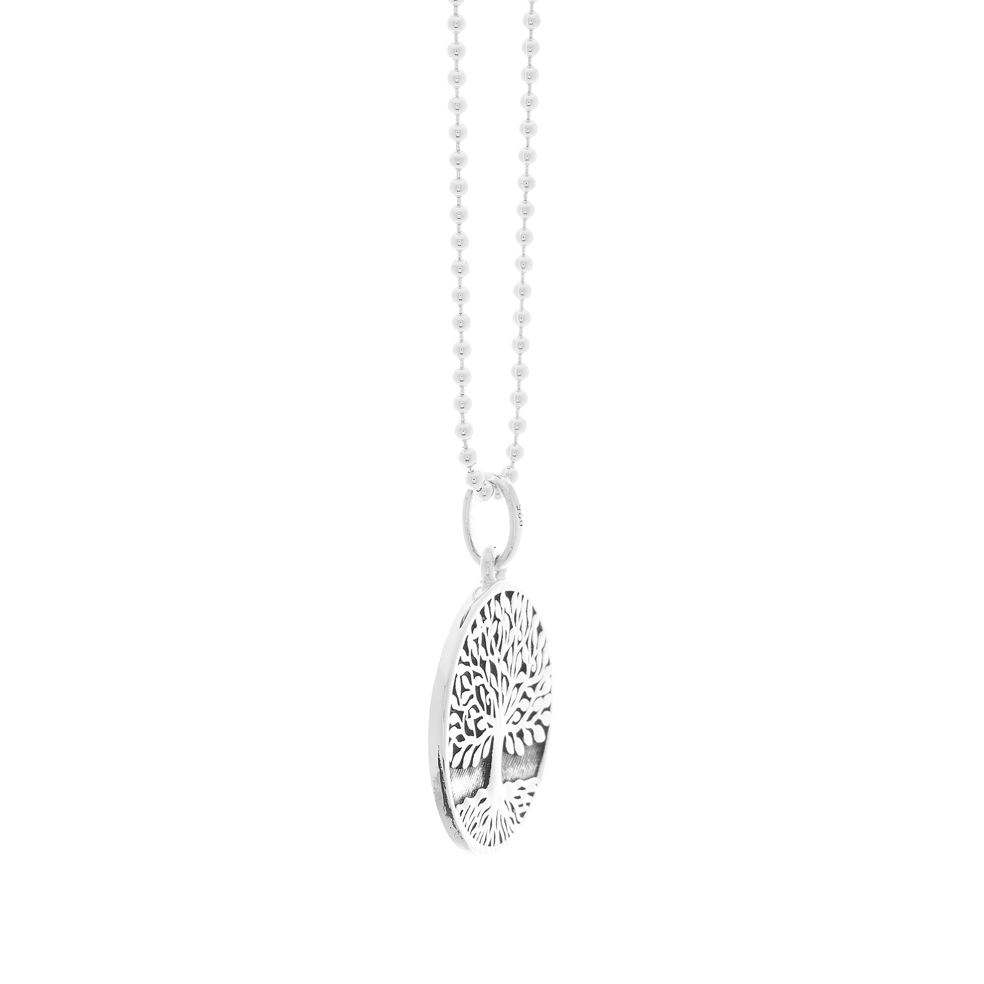 Silver tree of life oxidised pendant Arbor Vitae by Off The Map jewellery side view