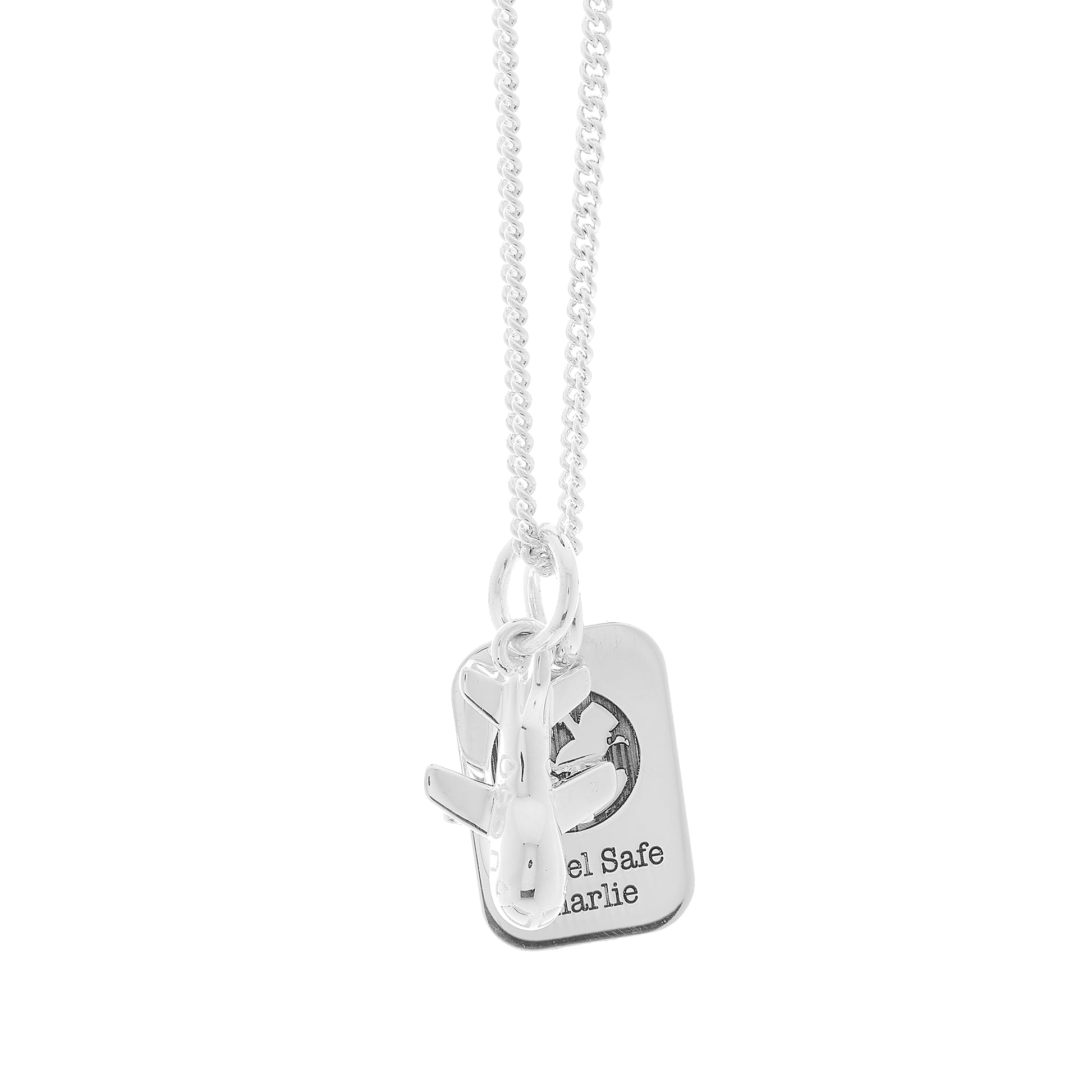 Silver necklace with two tags, one featuring an aeroplane and the other 'Travel Safe Charlie', dog tag
