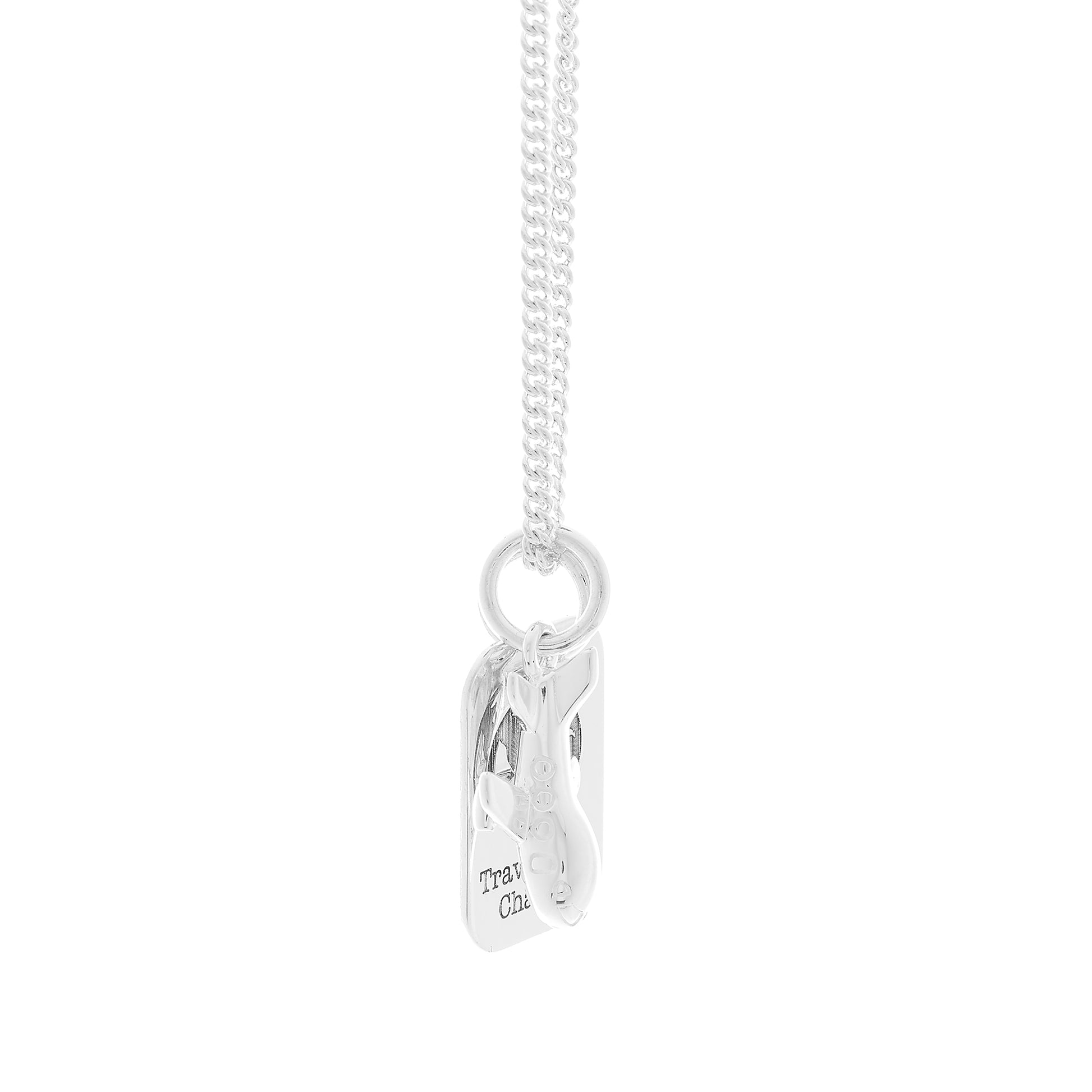 Silver necklace with two tags, one featuring an aeroplane and the other 'Travel Safe Charlie', dog tag side view