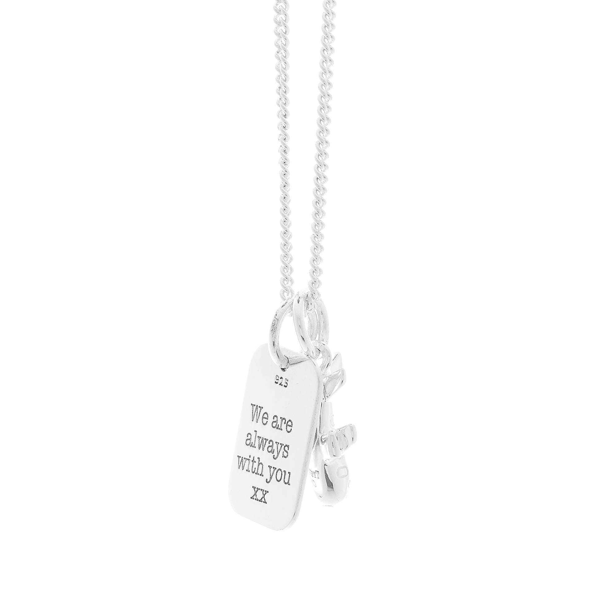 Silver necklace with two tags, one featuring an aeroplane and the other 'Travel Safe Charlie', dog tag back view
