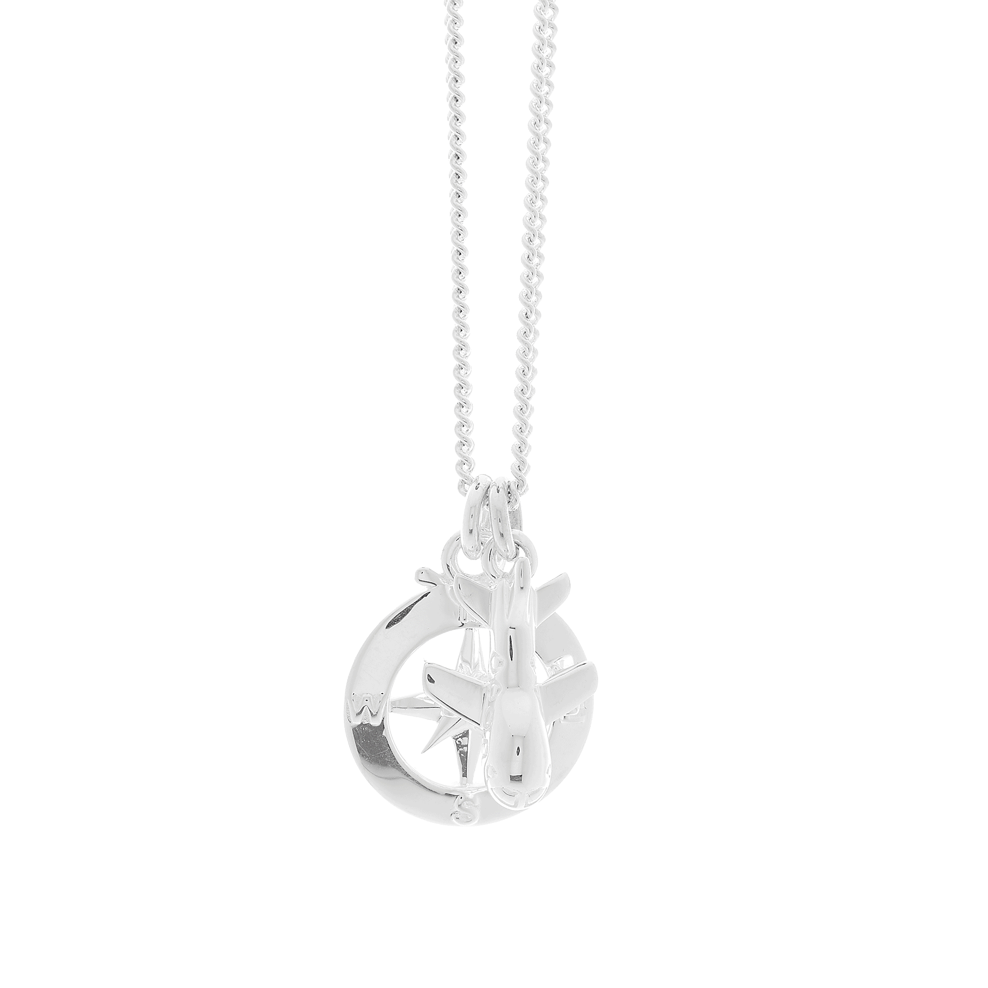 aeroplane and enamel compass silver necklace 360 view