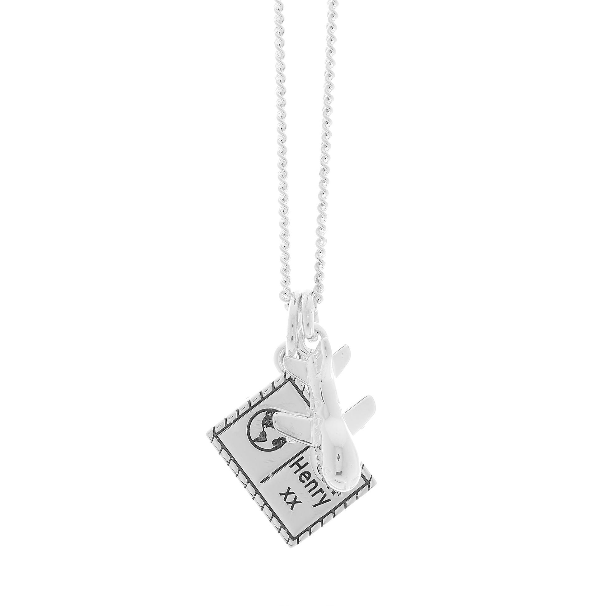 silver aeroplane and postcard necklace personalised travel gift 360 view