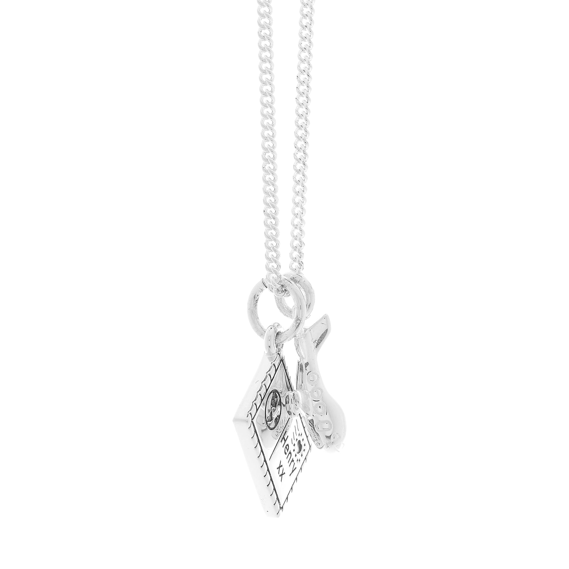 Silver airplane and postcard necklace with a pendant on a white background